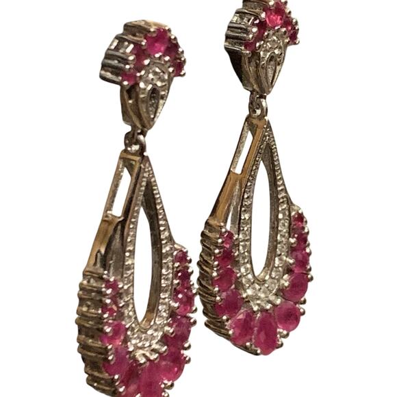 Sterling Silver, Natural Ruby and CZ Dangle/Drop Earrings Vintage - Picture 7 of 8